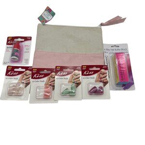 Kiss Glue on Nails Cosmetic Bag Cream Pink Nail File Lot of 7 NEW